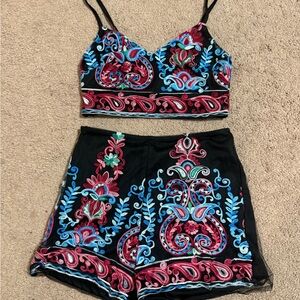 SHEIN Black Jumpsuit with Red and Blue Embroidery